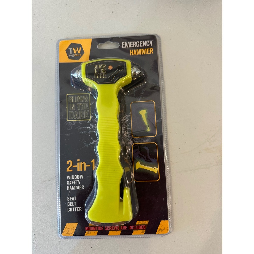 Tuff Work 2-in-1 Emergency Hammer Seat Belt Cutter Glow in the Dark Yellow New